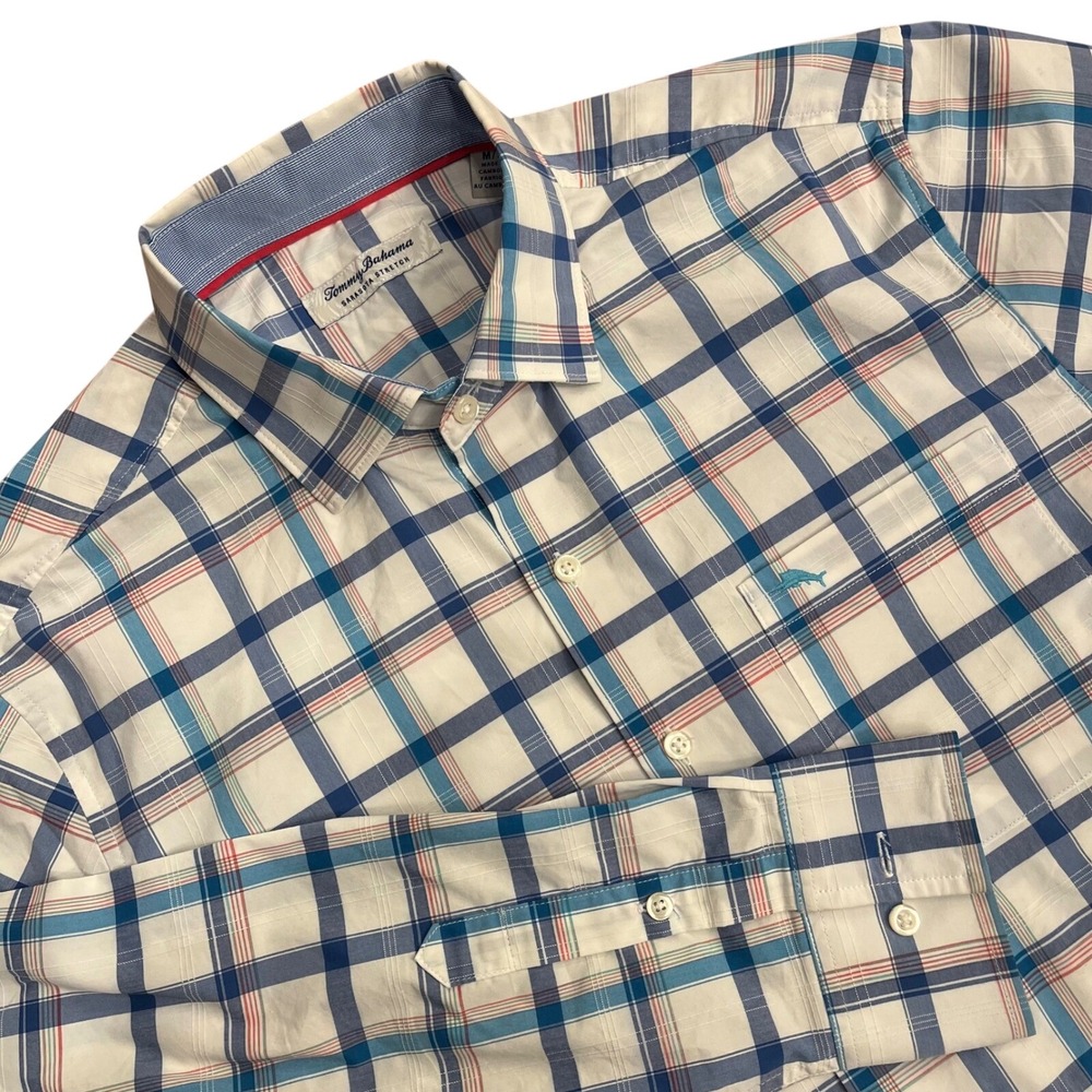 Tommy Bahama Button Down Men‎ Medium Blue Plaid Sarasota Stretch Coolmax - Picture 2 of 8